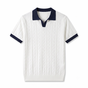 White knit polo laid flat showing the ribbed collar and cuffs